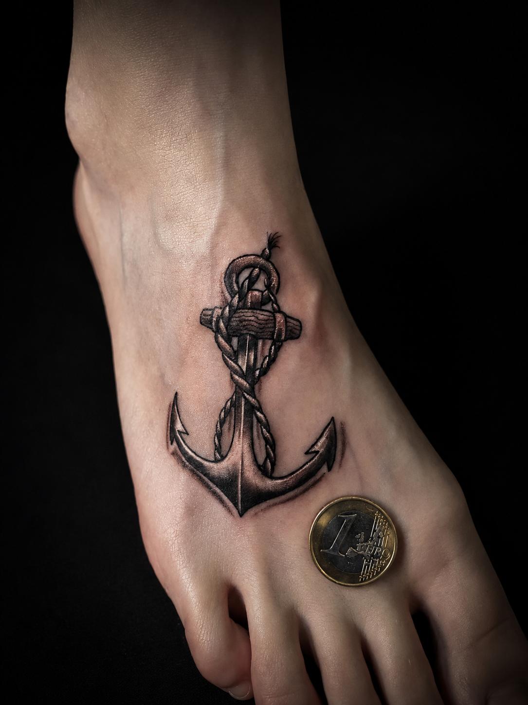 Kleines realistisches Anker-Tattoo auf dem Fuß