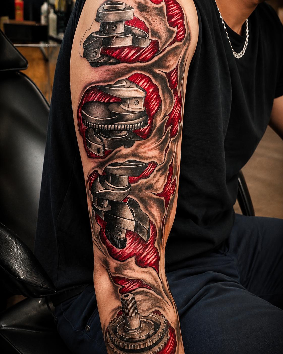 Farbiges Biomechanik-Tattoo mit Zahnrädern am Oberarm